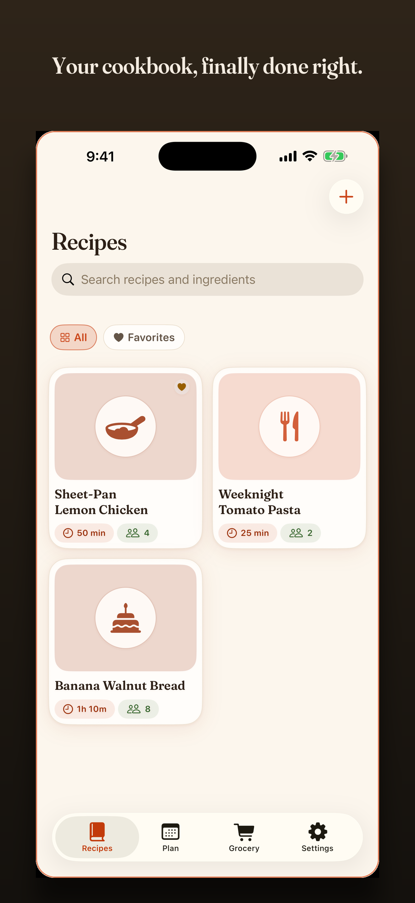 The library: every saved recipe, searchable by ingredient