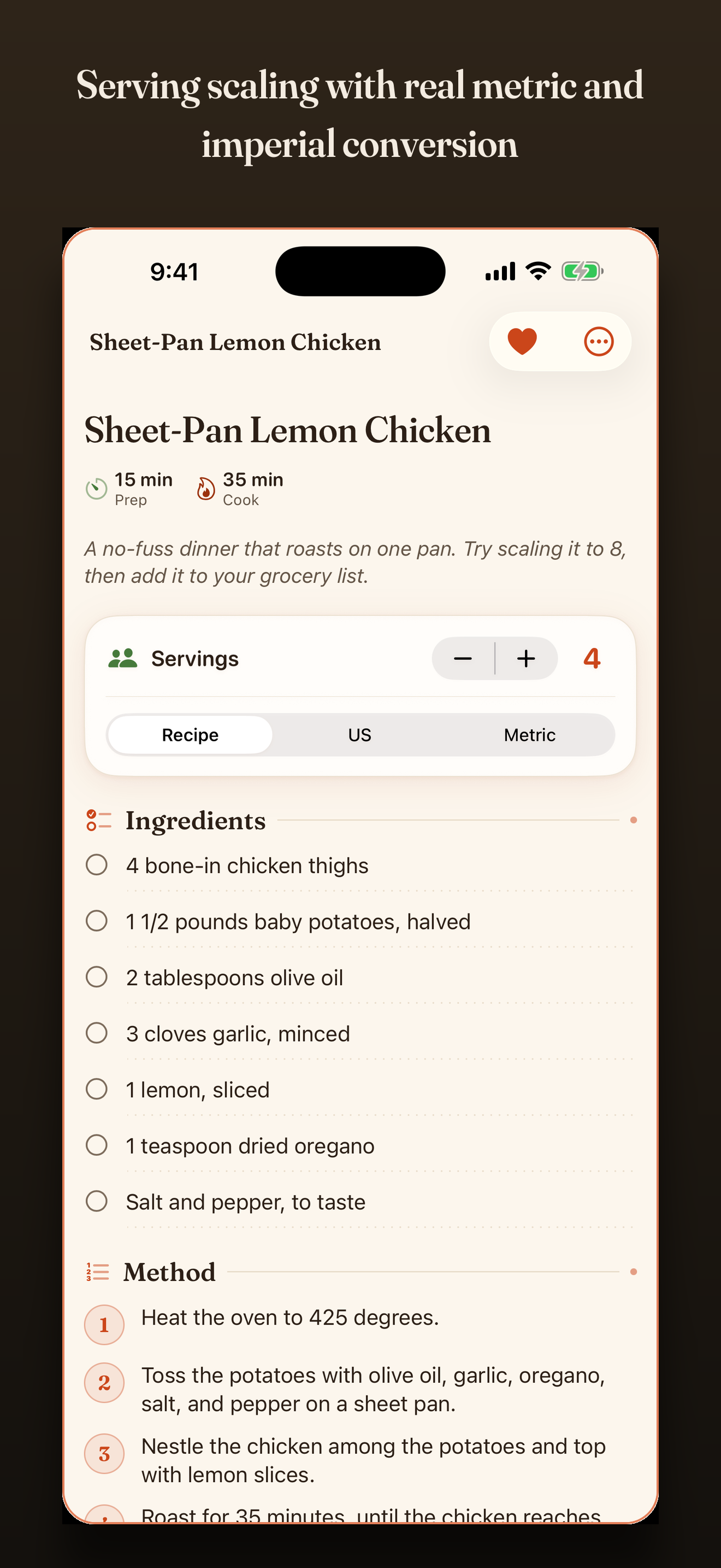 A recipe with serving scaling and unit conversion