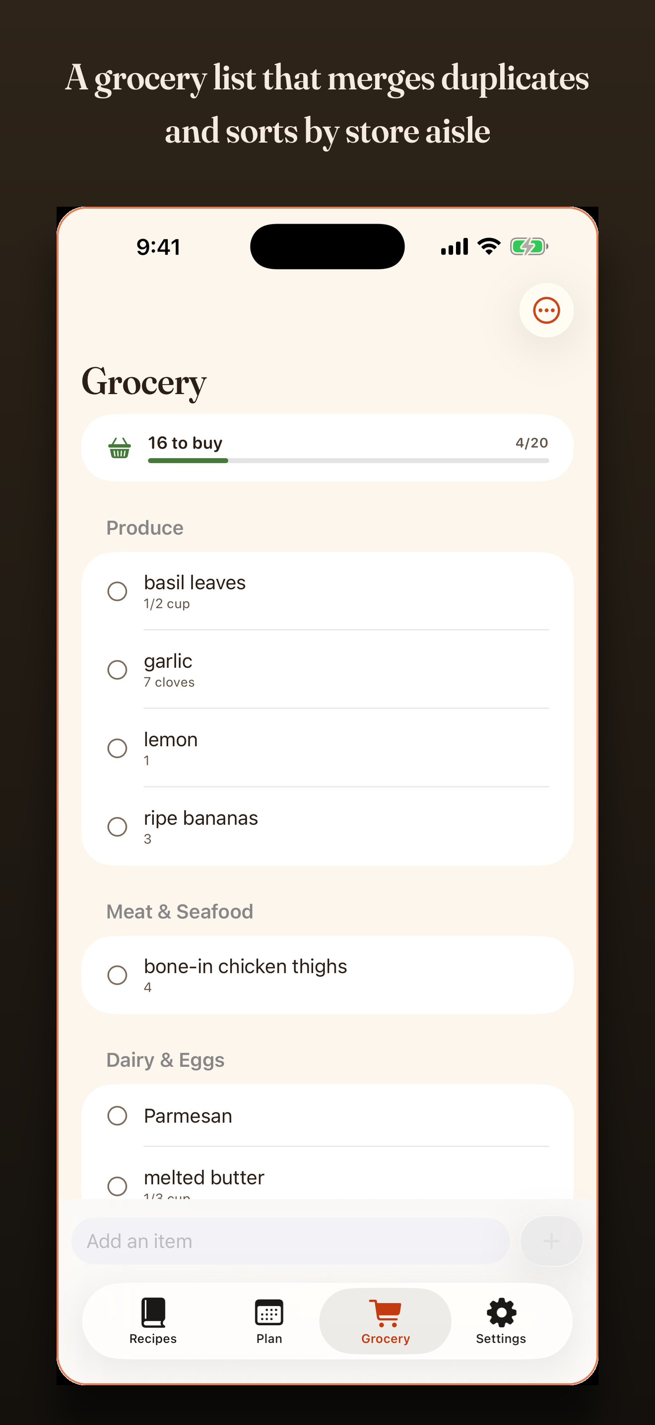 The grocery list, sorted in store order