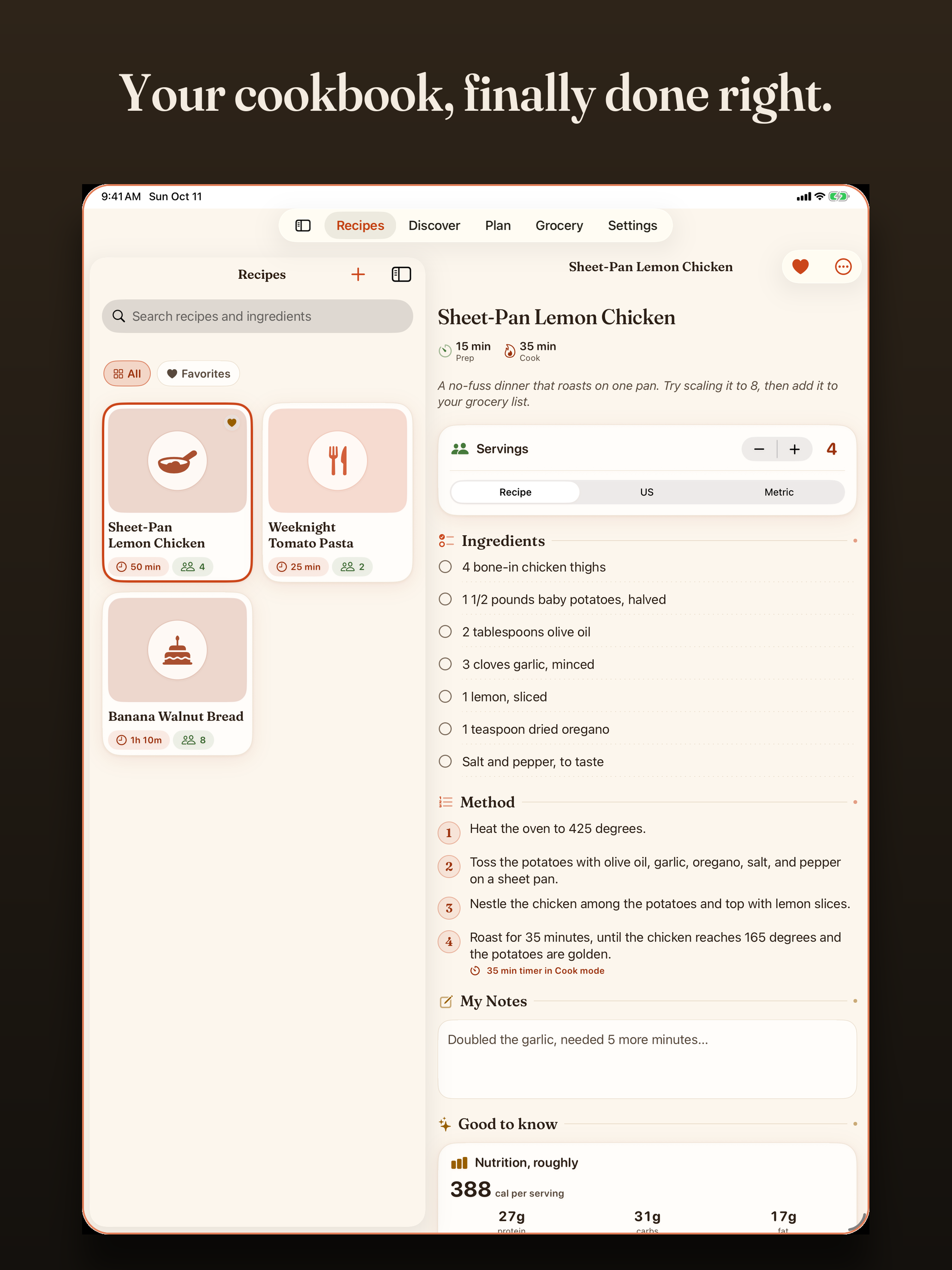 Recipes on iPad: the library beside the open recipe