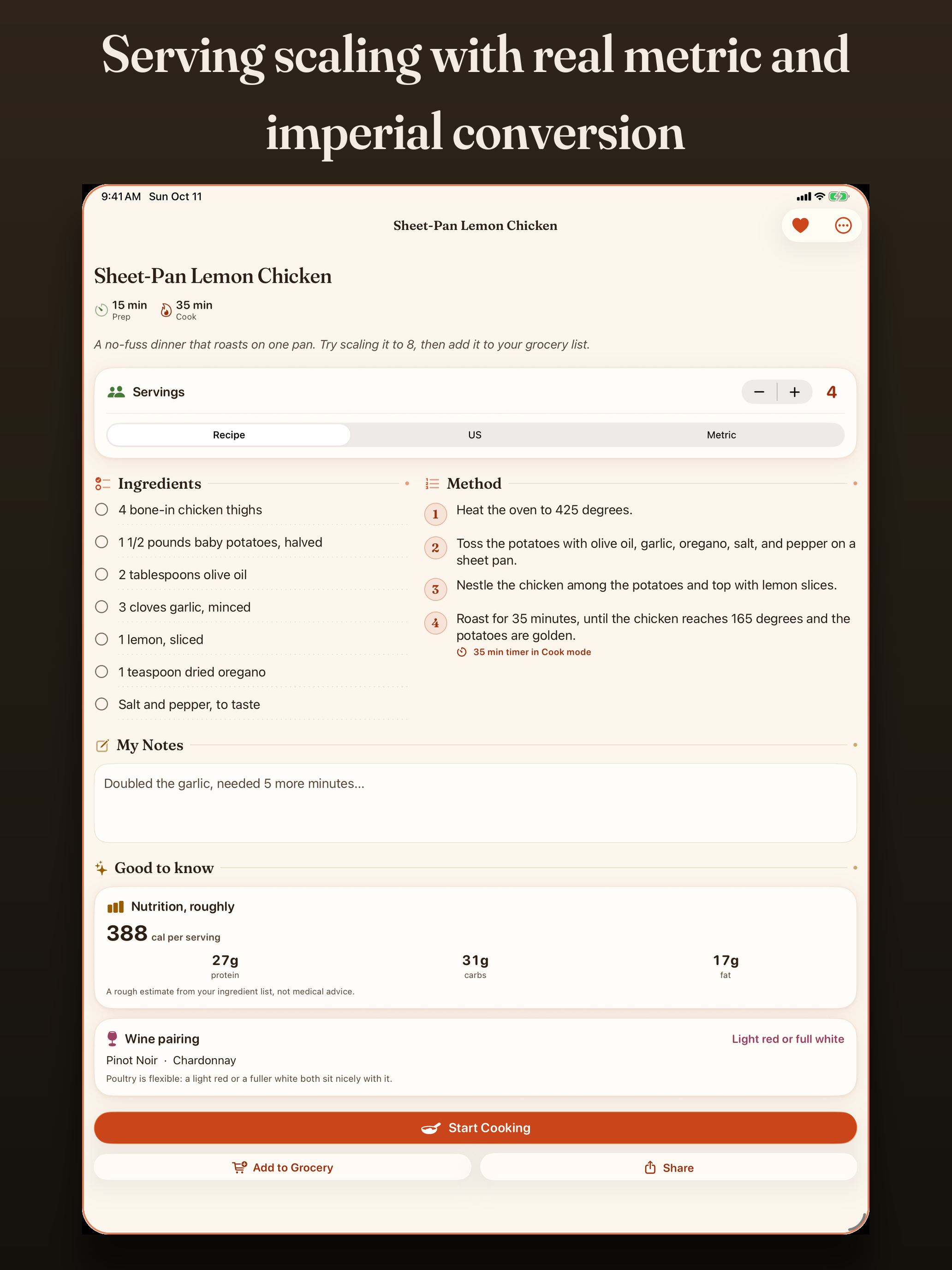 A recipe with serving scaling and unit conversion