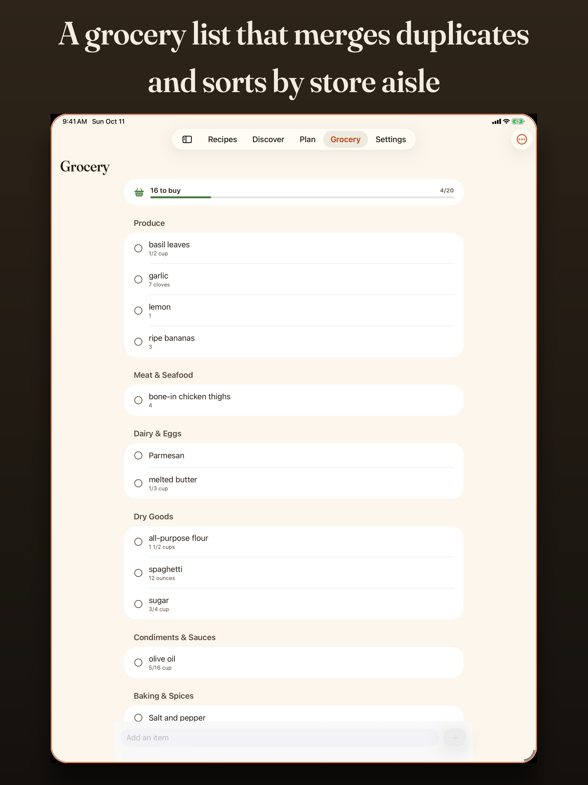 The grocery list, sorted in store order
