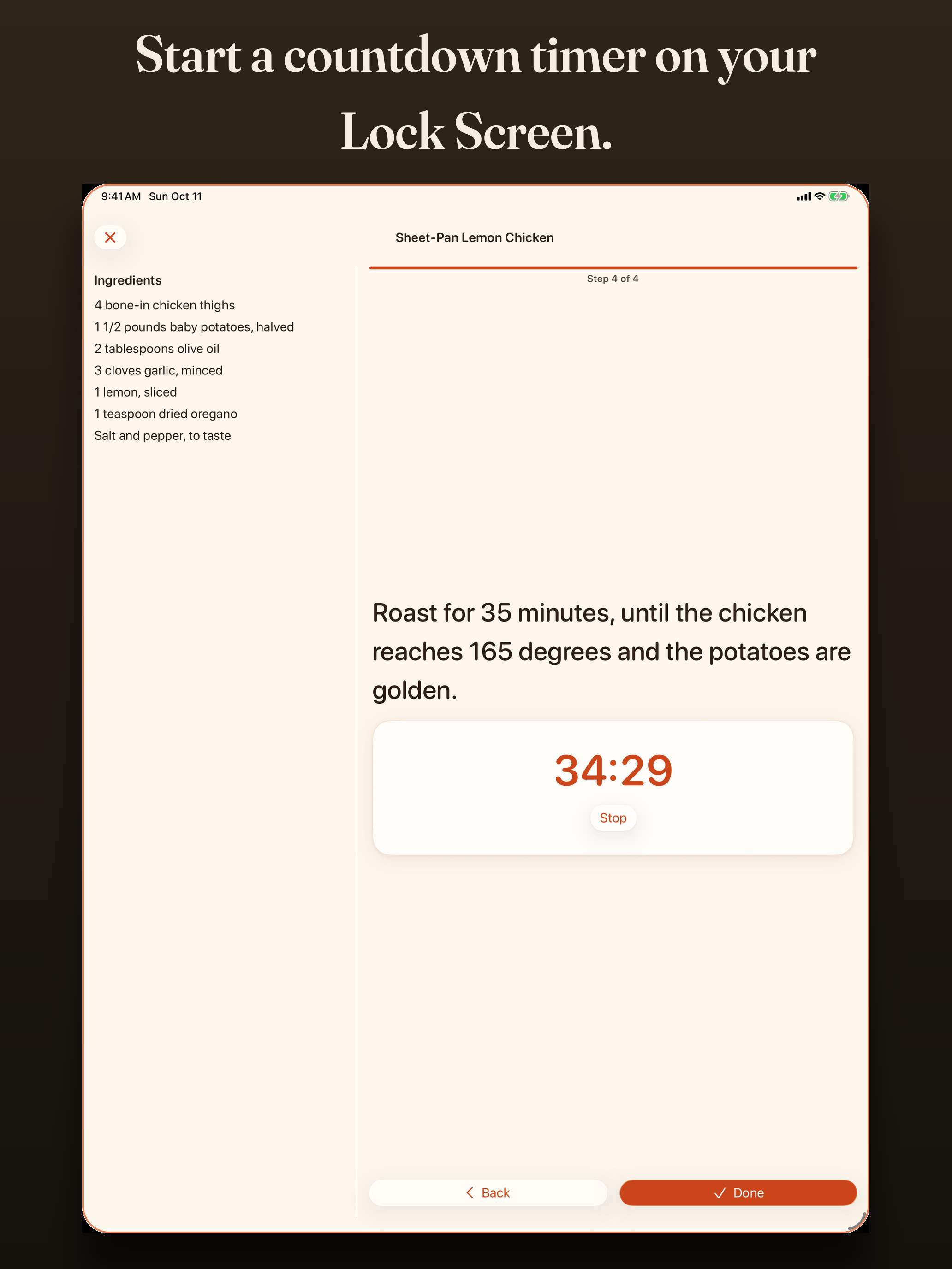 A countdown timer in cooking mode